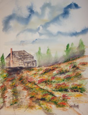barn and flowers painting